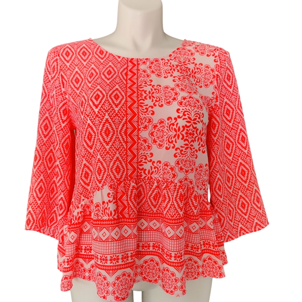 Collective Concepts Orange White V-Back Polyester Peplum NWOT sz L